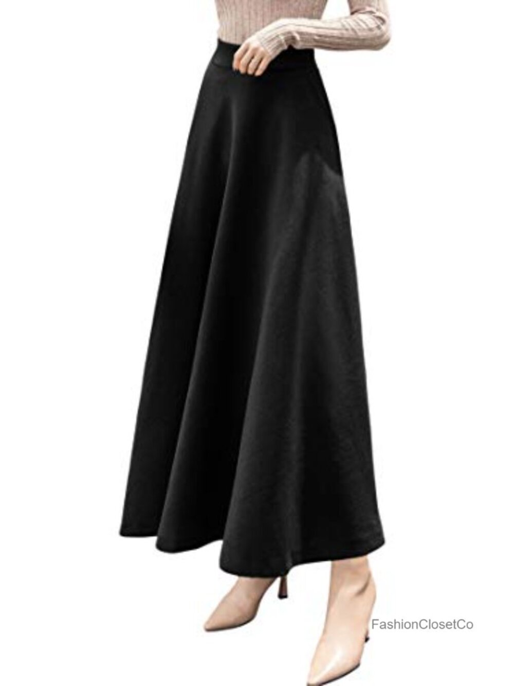 Wool Blend High Rise A-Line Pleated Maxi Skirt with Pockets